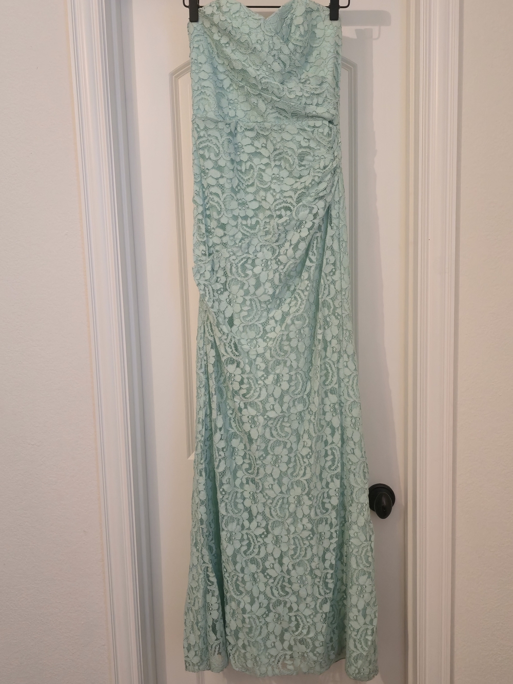 David's Bridal Strapless Lace Gown in Mint Green